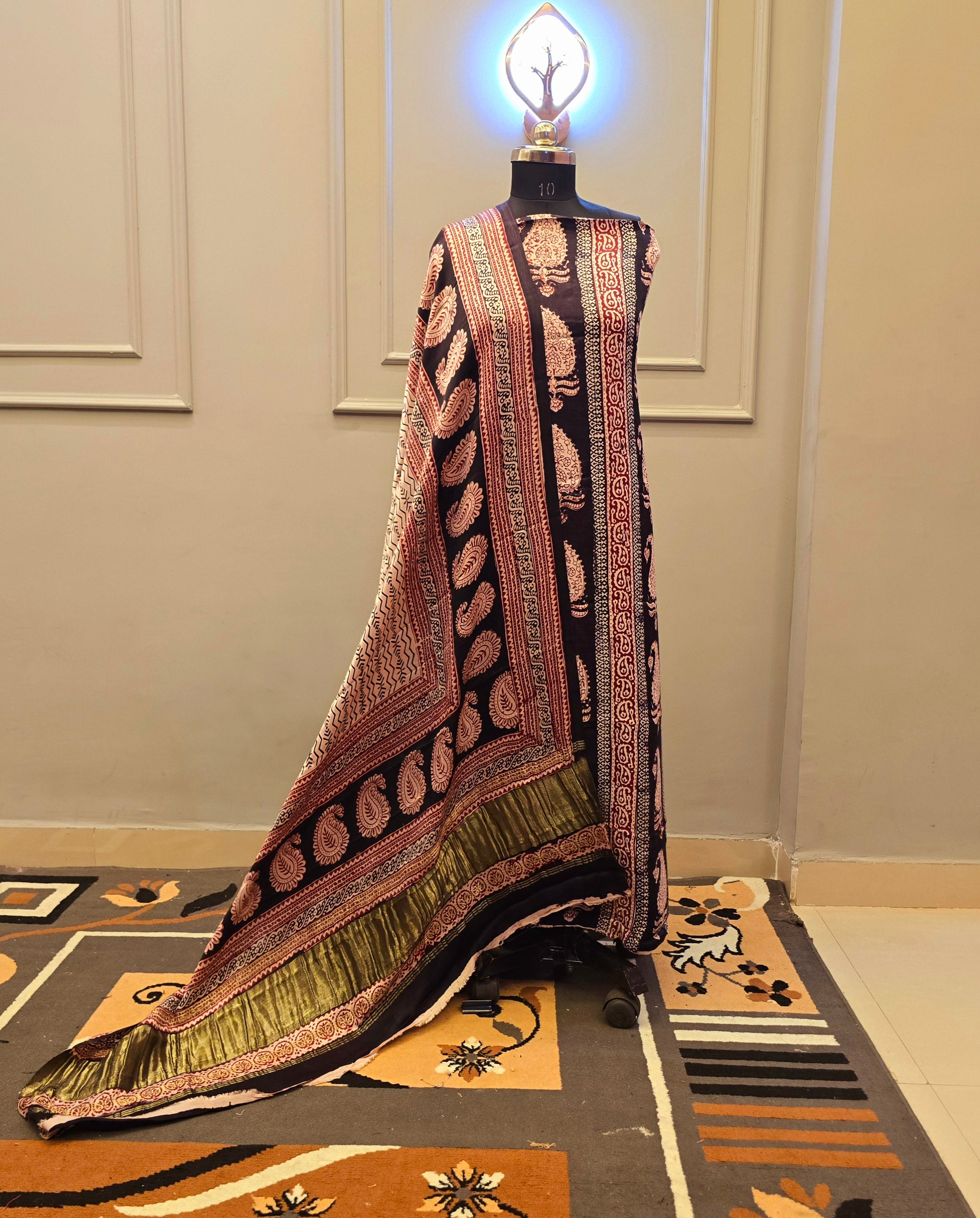 Hand Block Bagh Print 2 Piece Modal Silk Unstitched Suit