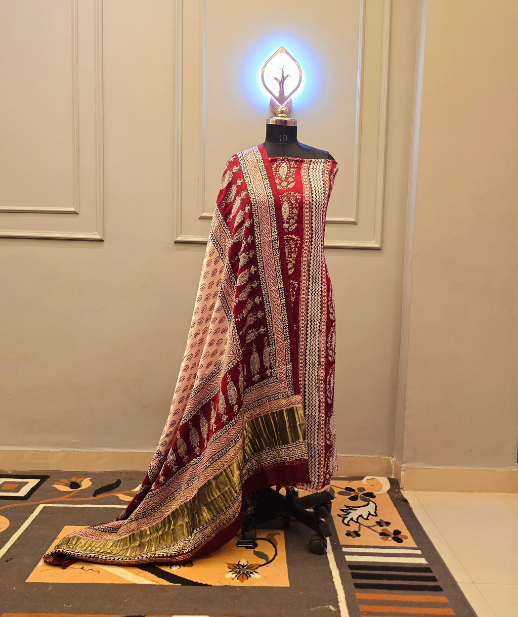 Hand Block Bagh Print Modal Silk 2 Piece Unstitched Suit