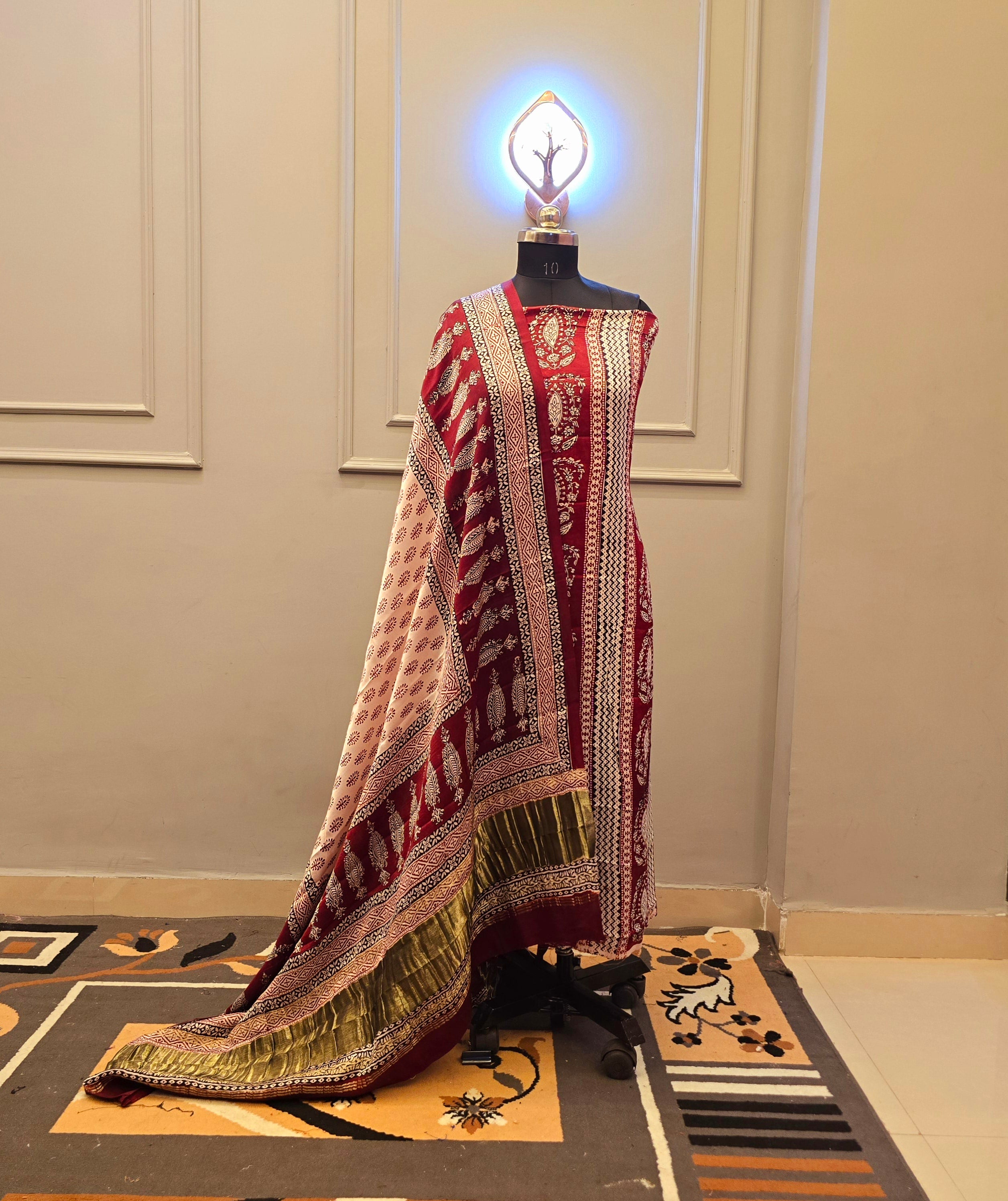 Hand Block Bagh Print Modal Silk 2 Piece Unstitched Suit